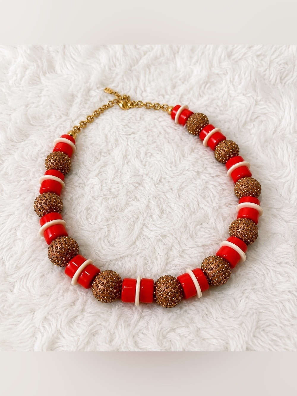 Vintage Statement Beaded Necklace Bronze Orange Red Chunky Fashion Jewelry